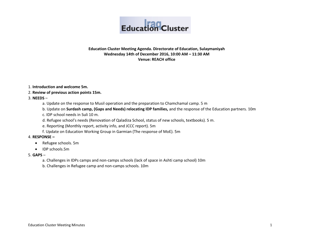 Education Cluster Meeting Agenda