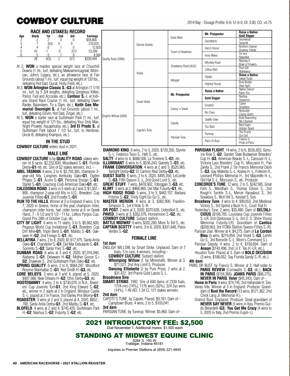 COWBOY CULTURE 2014 Bay - Dosage Profile: 6-6-12-0-0; DI: 3.00; CD: +0.75