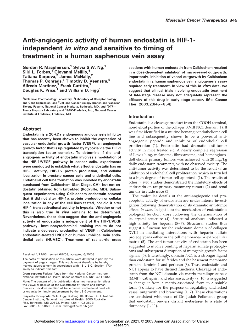 Anti-Angiogenic Activity of Human Endostatin Is HIF-1- Independent in Vitro and Sensitive to Timing of Treatment in a Human Saphenous Vein Assay