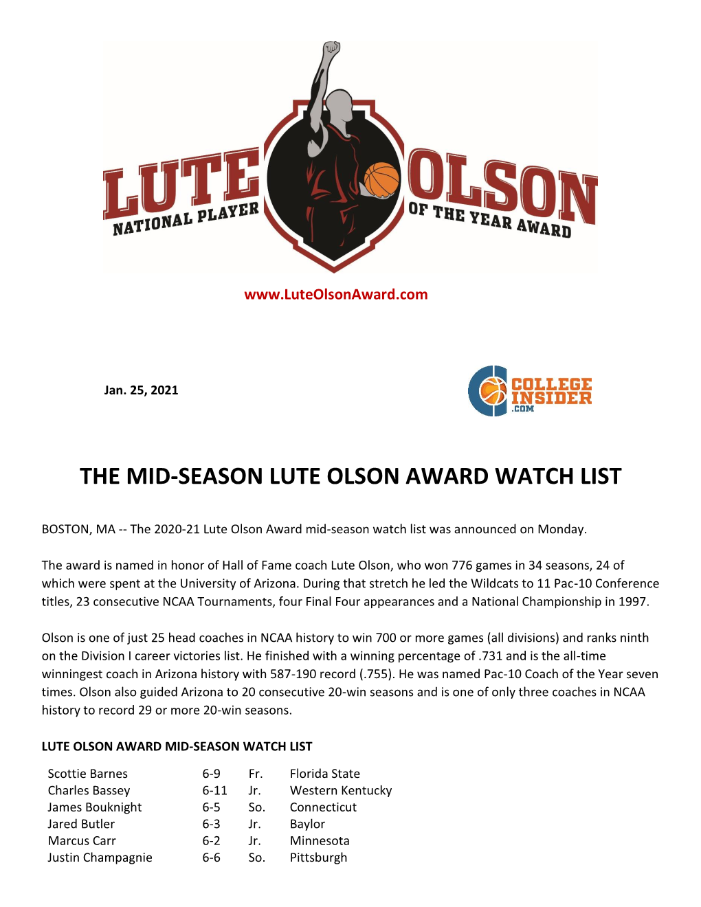 The Mid-Season Lute Olson Award Watch List