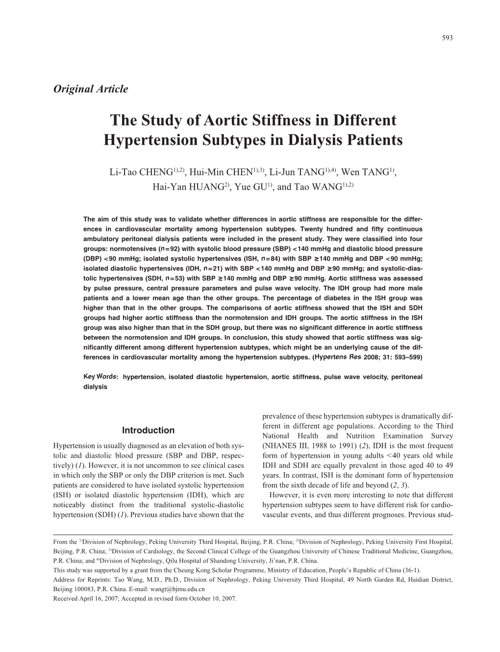 The Study of Aortic Stiffness in Different Hypertension Subtypes in Dialysis Patients