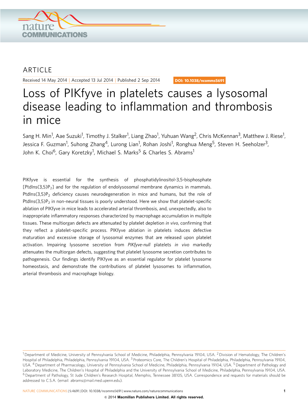 Loss of Pikfyve in Platelets Causes a Lysosomal Disease Leading to Inﬂammation and Thrombosis in Mice