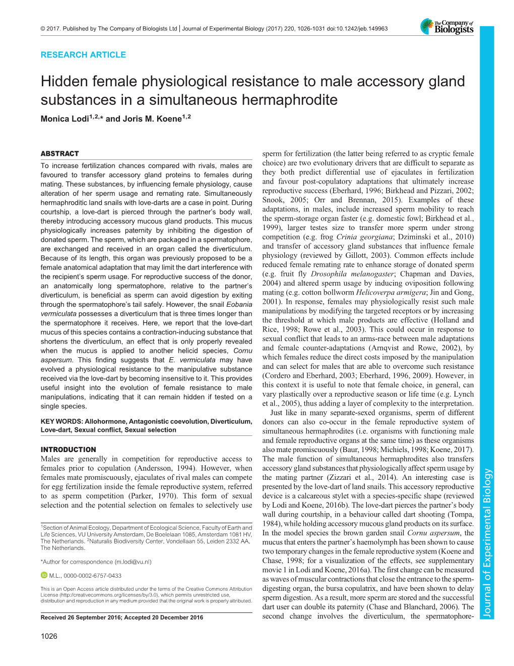 Hidden Female Physiological Resistance to Male Accessory Gland Substances in a Simultaneous Hermaphrodite Monica Lodi1,2,* and Joris M