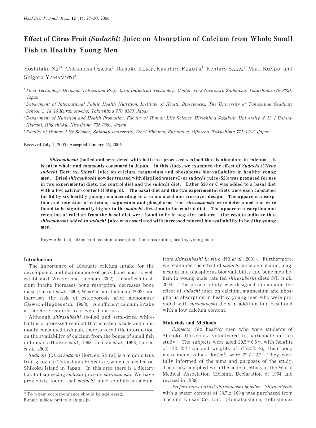 Effect of Citrus Fruit (Sudachi) Juice on Absorption of Calcium