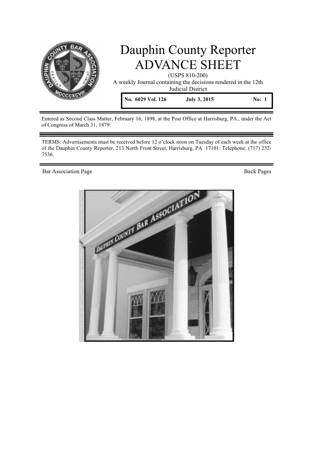 Dauphin County Reporter ADVANCE SHEET (USPS 810-200) a Weekly Journal Containing the Decisions Rendered in the 12Th Judicial District No