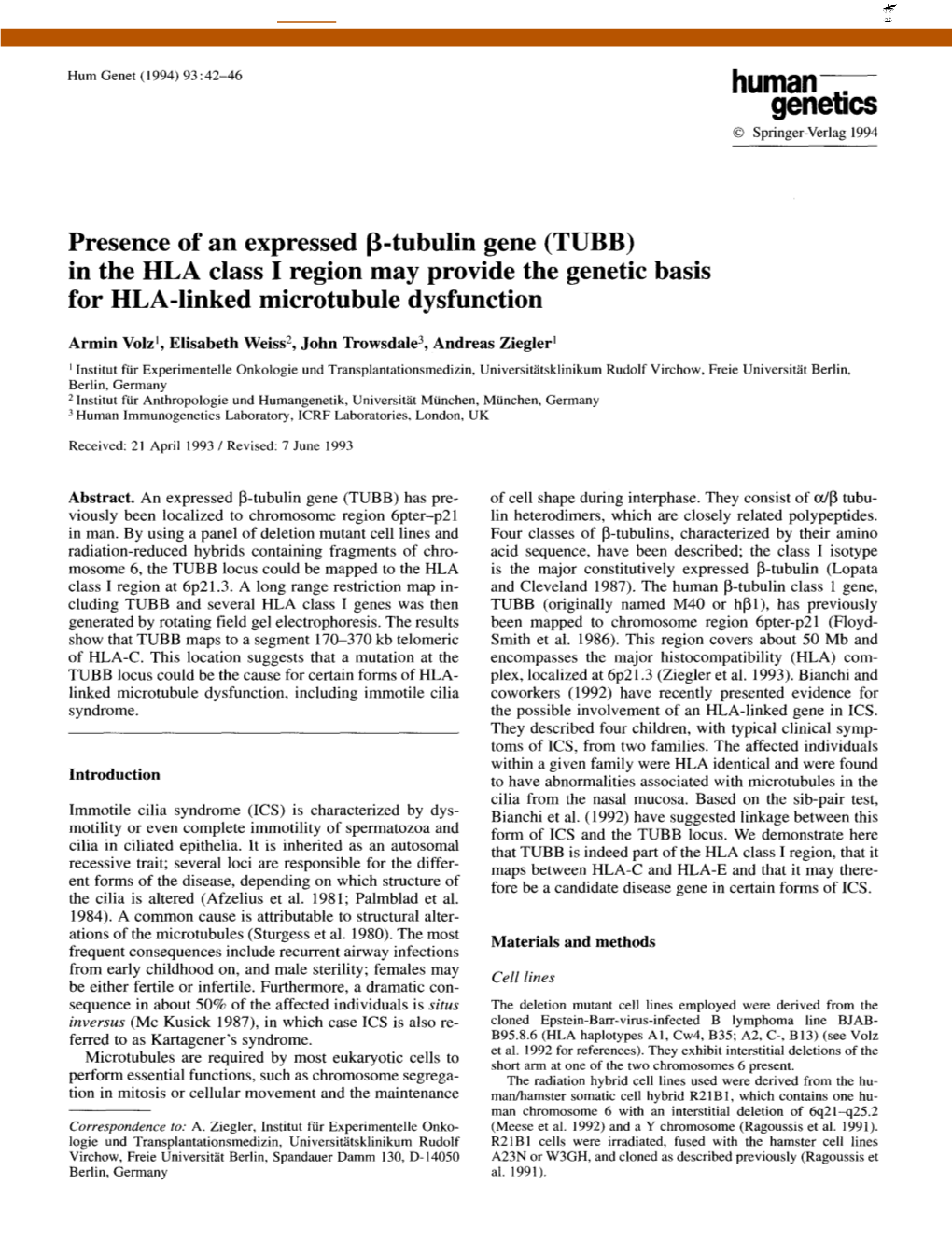 Tubulin Gene (TUBB) in the HLA Class I Region May Provide the Genetic Basis for HLA-Linked Microtubule Dysfunction