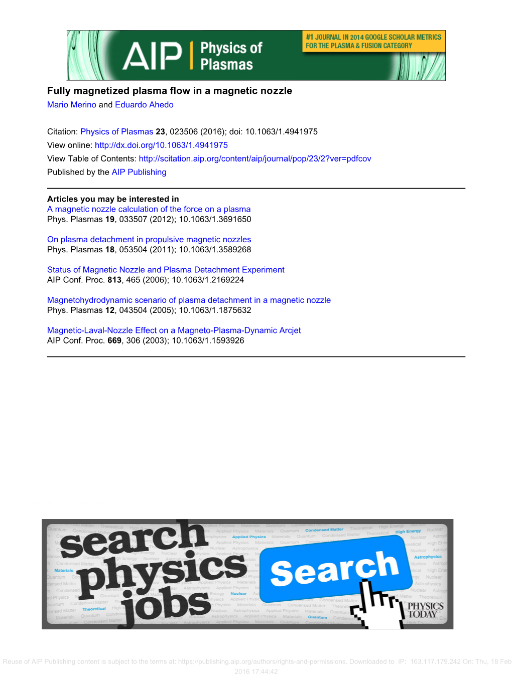 Fully Magnetized Plasma Flow in a Magnetic Nozzle Mario Merino and Eduardo Ahedo