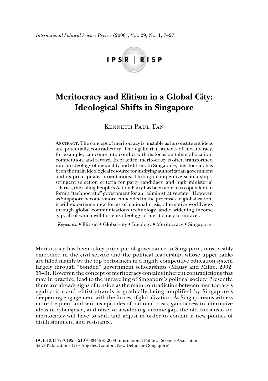 Meritocracy and Elitism in a Global City: Ideological Shifts in Singapore