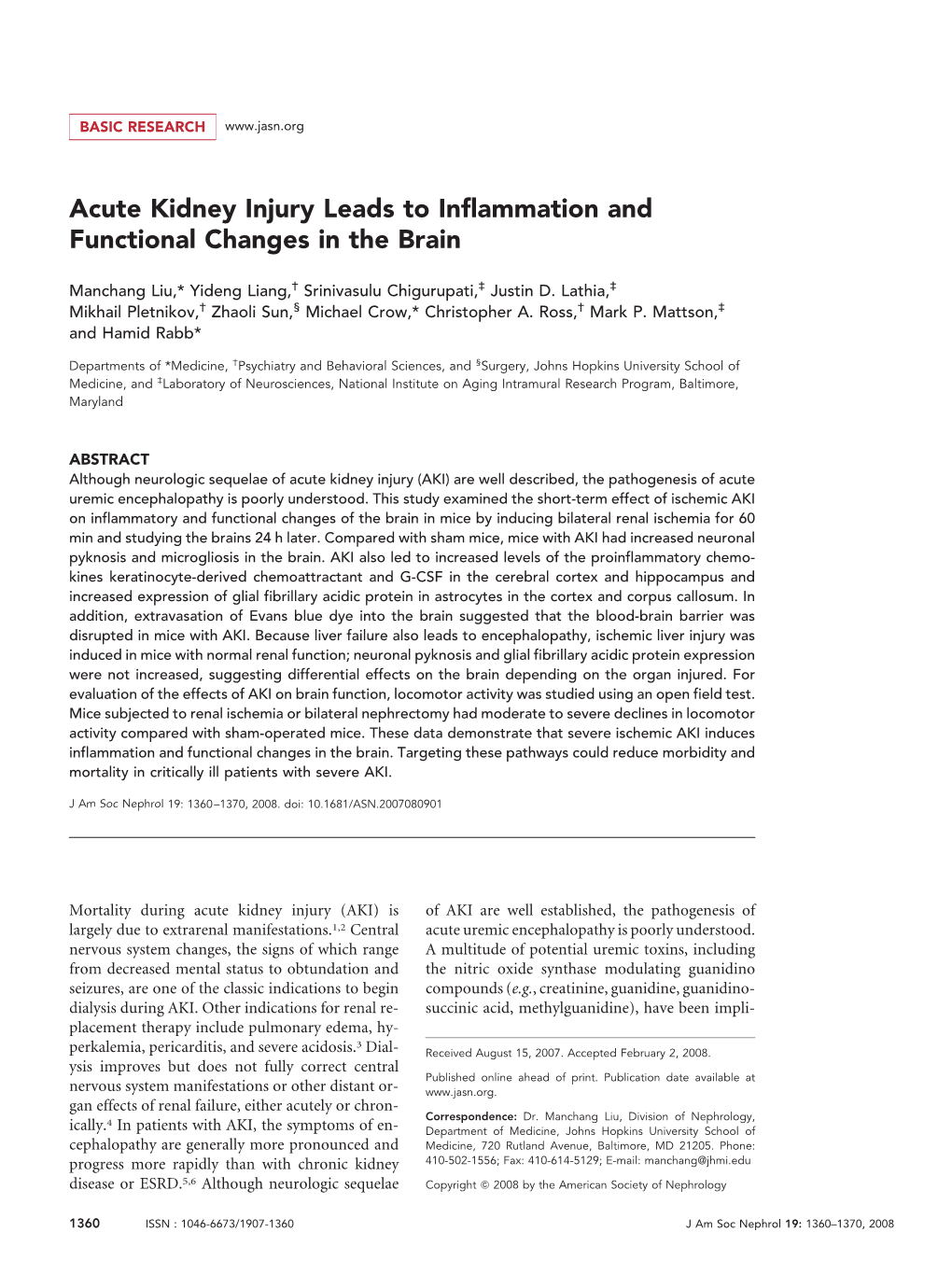 Acute Kidney Injury Leads to Inflammation and Functional Changes in the Brain