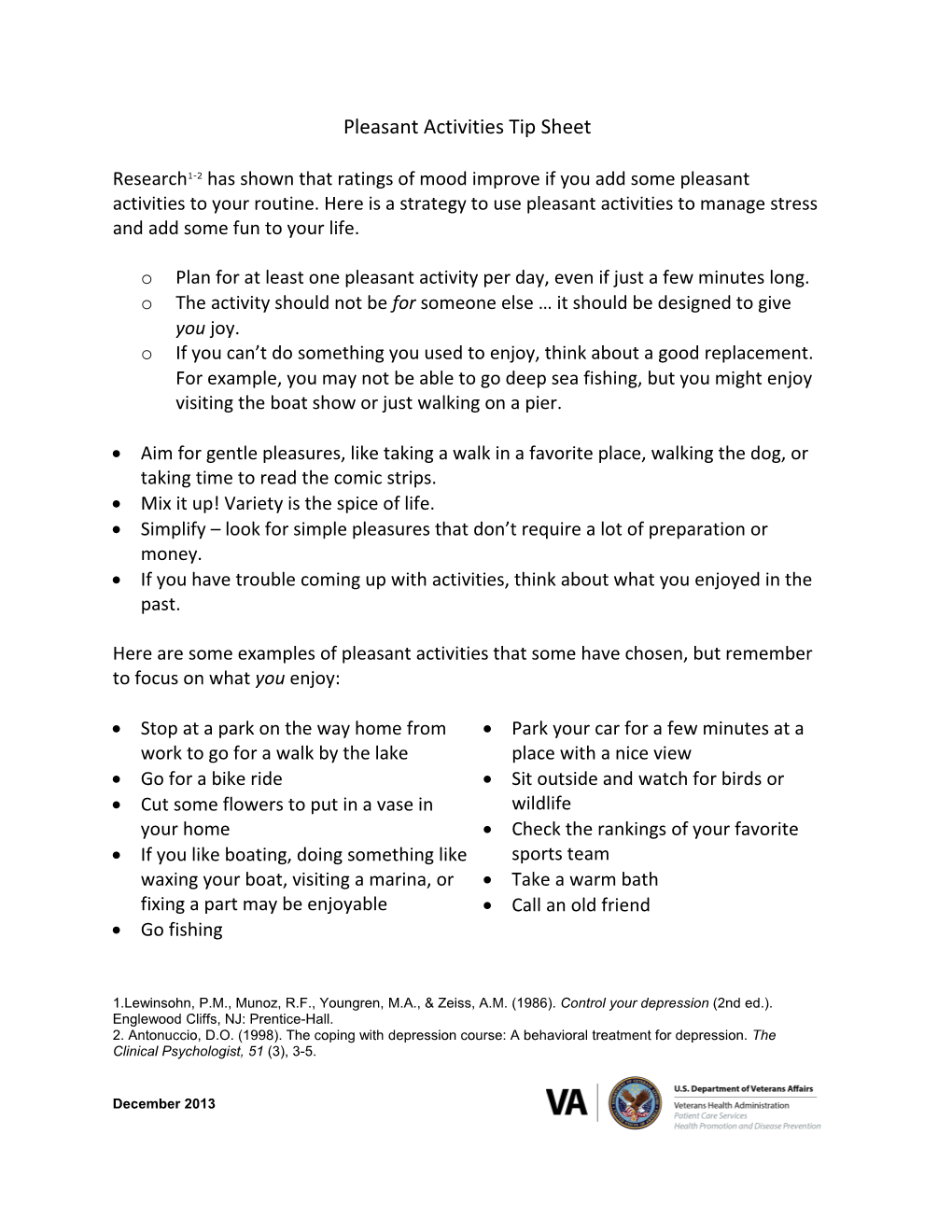 Pleasant Activities Tip Sheet