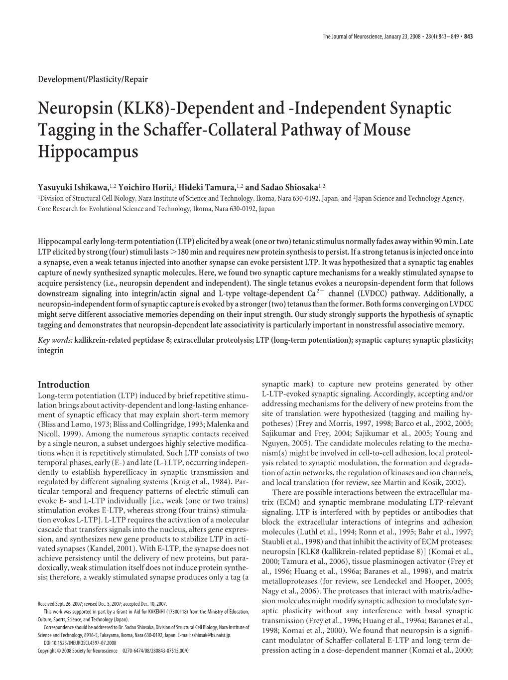 Neuropsin (KLK8)-Dependent and -Independent Synaptic Tagging in the Schaffer-Collateral Pathway of Mouse Hippocampus