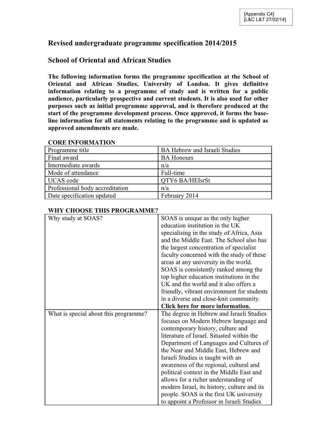 Draft Revised Undergraduate/Postgraduate Programme Specification