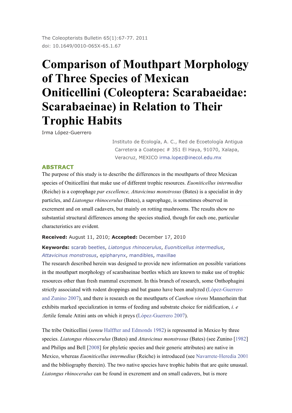 Coleoptera: Scarabaeidae: Scarabaeinae) in Relation to Their Trophic Habits Irma López-Guerrero Instituto De Ecología, A