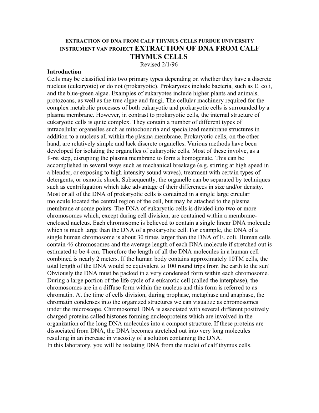 Extraction of Dna from Calf Thymus Cells Purdue University Instrument Van Project Extraction