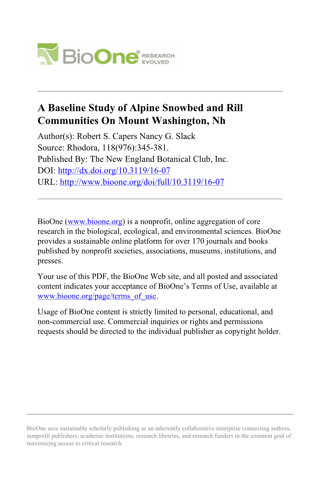 A Baseline Study of Alpine Snowbed and Rill Communities on Mount Washington, Nh Author(S): Robert S