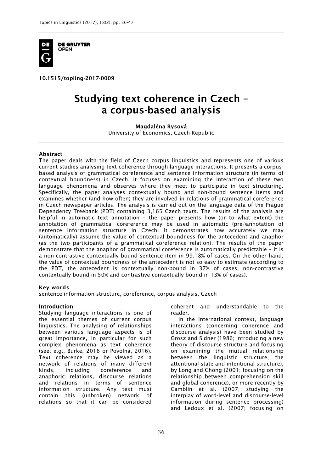 Studying Text Coherence in Czech – a Corpus-Based Analysis