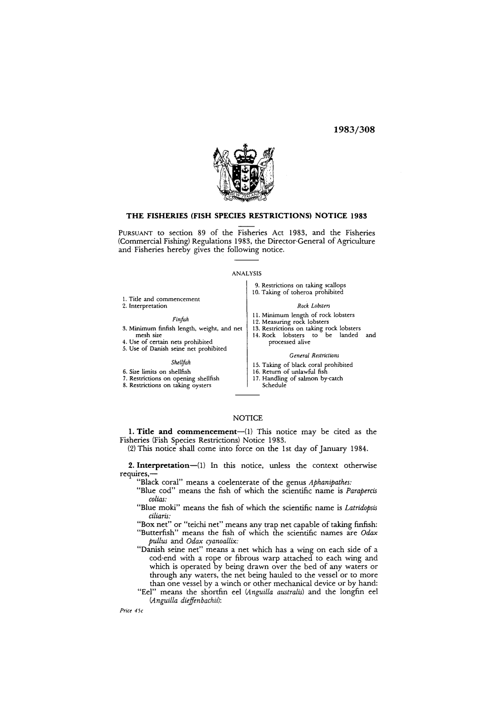 The Fisheries (Fish Species Restrictions) Notice 1983