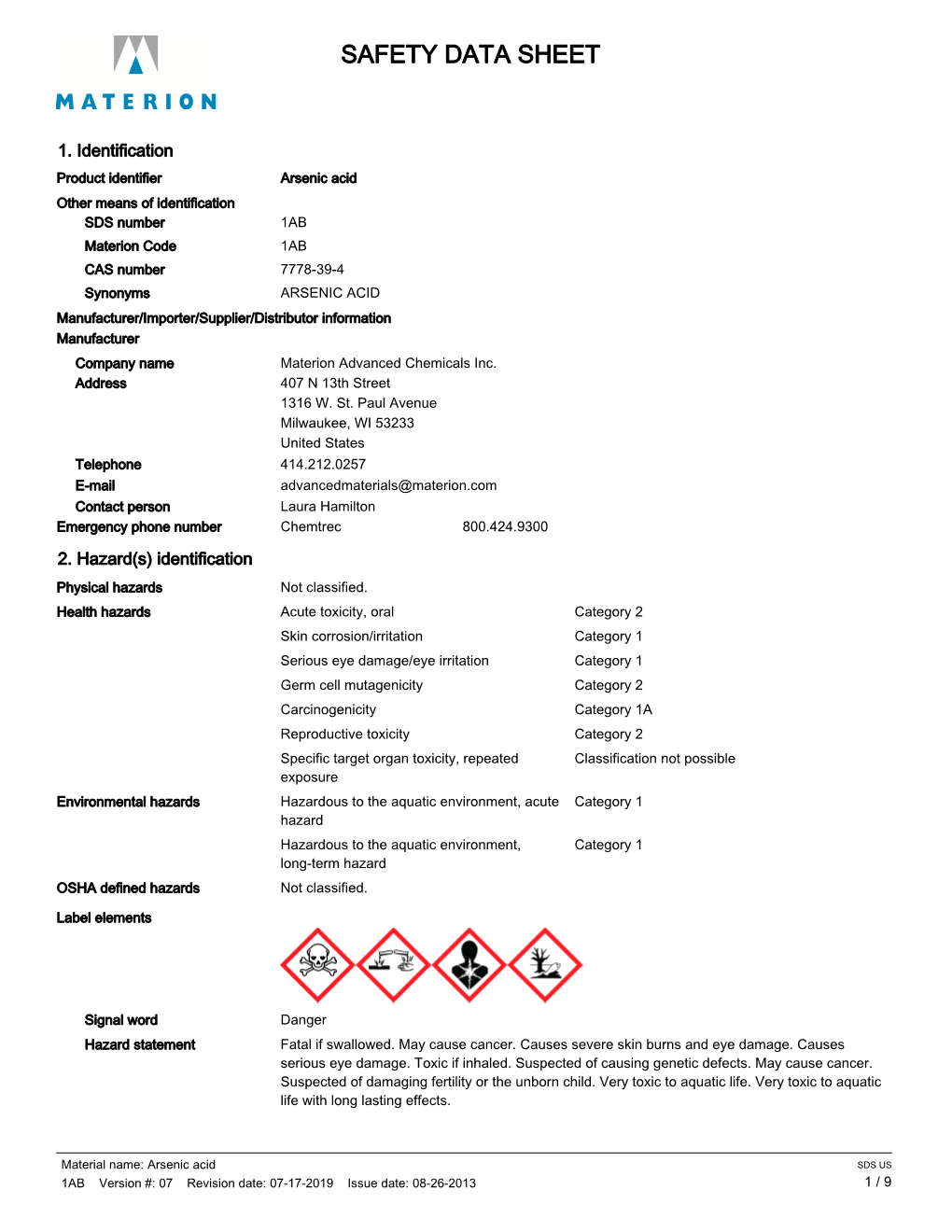 SDS US 1AB Version #: 07 Revision Date: 07-17-2019 Issue Date: 08-26-2013 1 / 9 Precautionary Statement Prevention Obtain Special Instructions Before Use