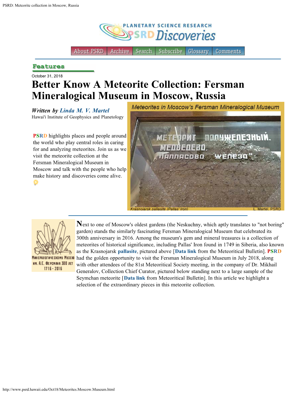 PSRD: Meteorite Collection in Moscow, Russia