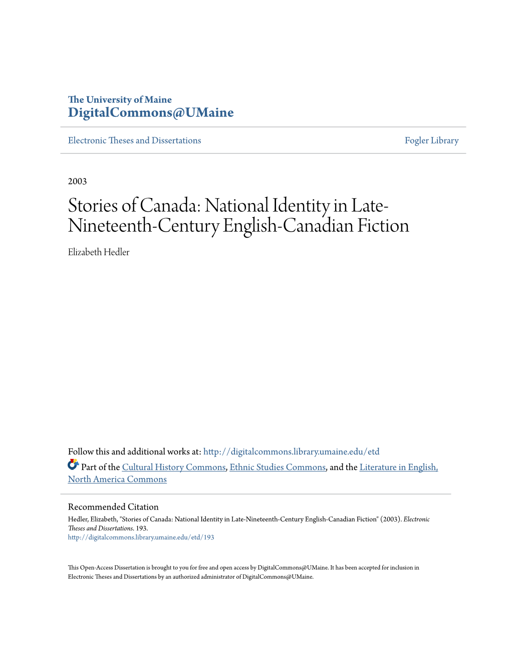 Stories of Canada: National Identity in Late-Nineteenth-Century English-Canadian Fiction