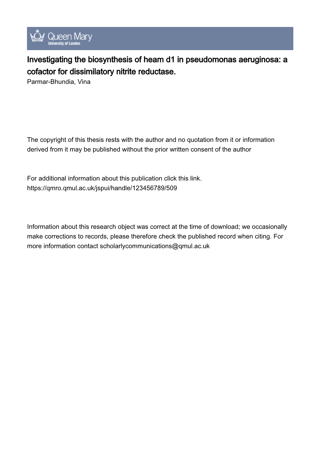 A Cofactor for Dissimilatory Nitrite Reductase. Parmar-Bhundia, Vina