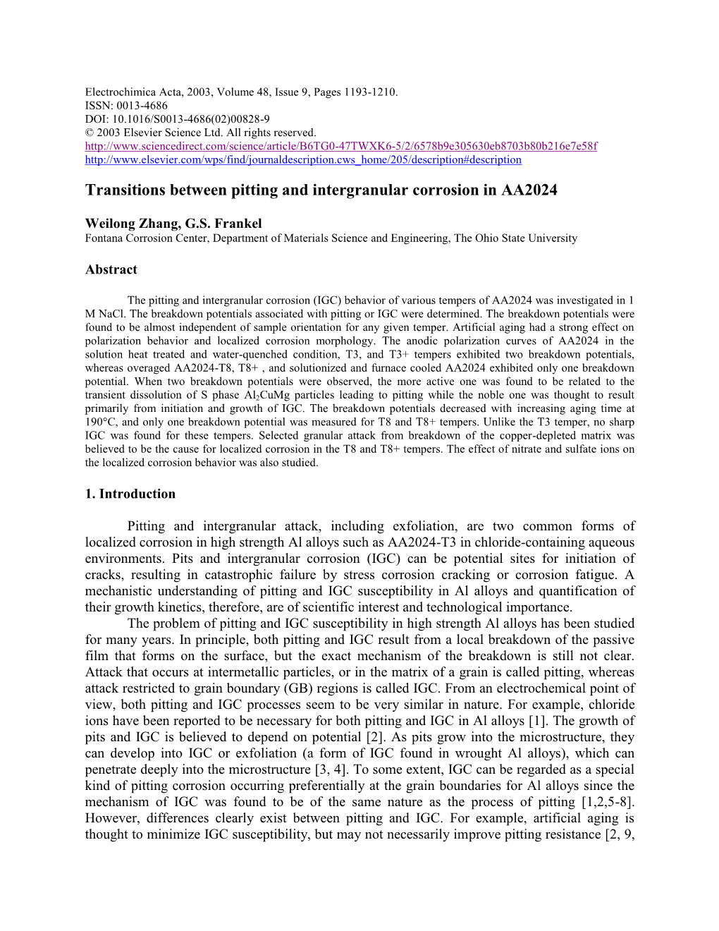 Transitions Between Pitting and Intergranular Corrosion in AA2024