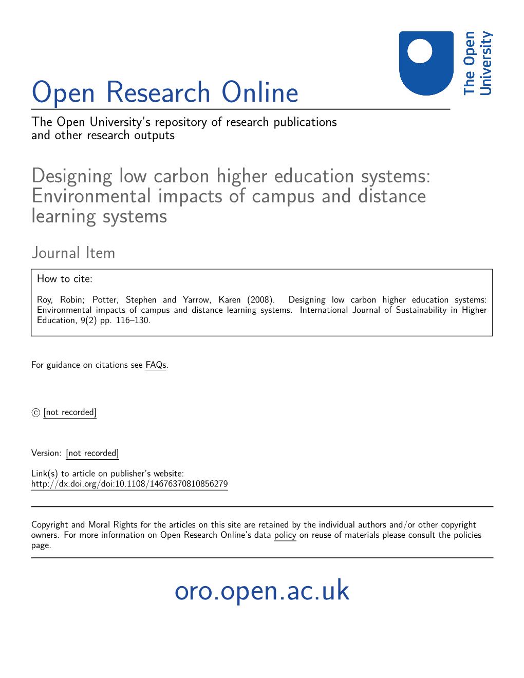 Study of the Environmental Impacts of Providing Higher Education (HE) Courses by Campus-Based and Distance/Open Learning Methods