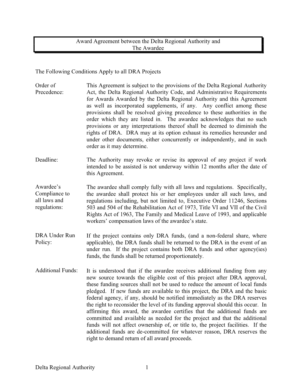 Delta Regional Authority 1 Award Agreement Between the Delta