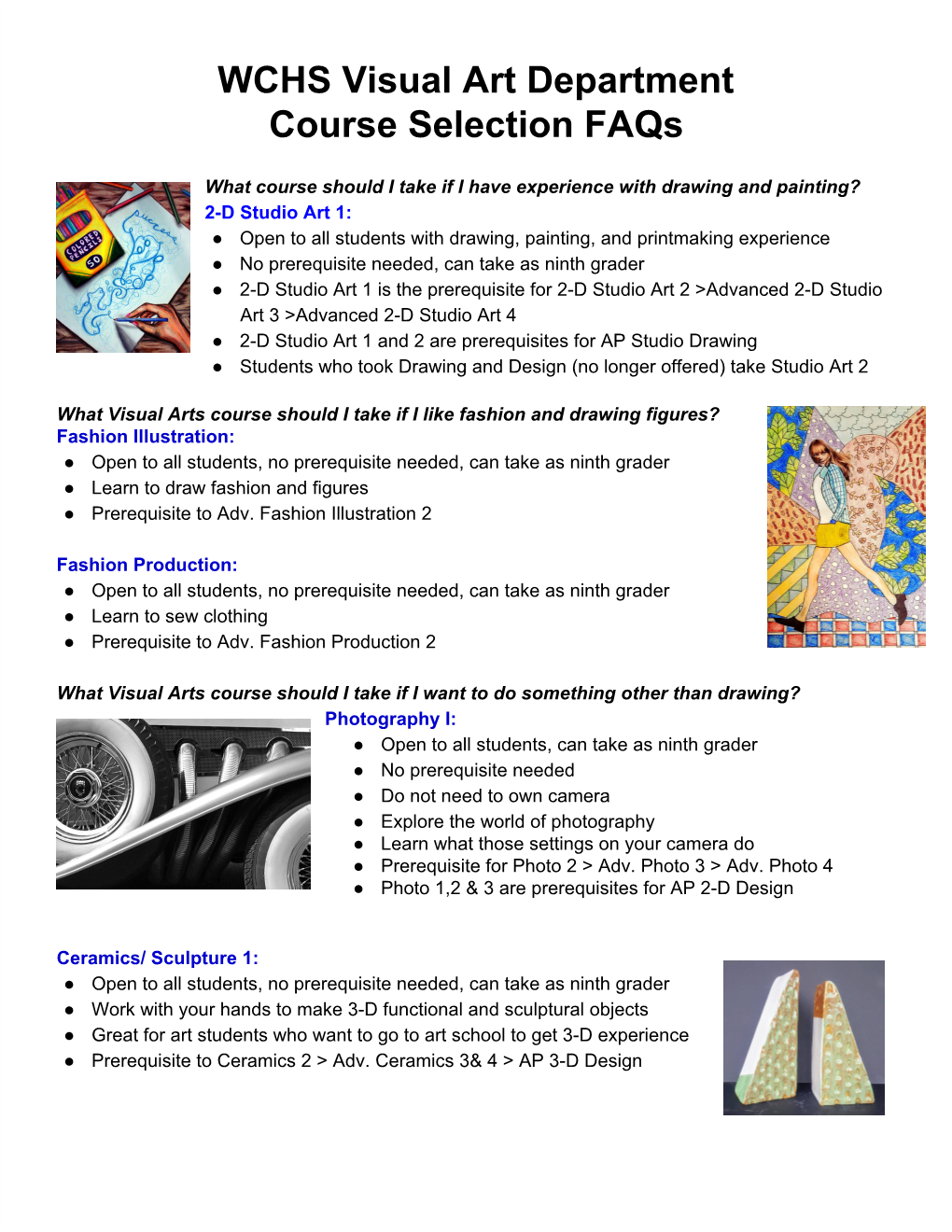 WCHS Visual Art Department Course Selection Faqs