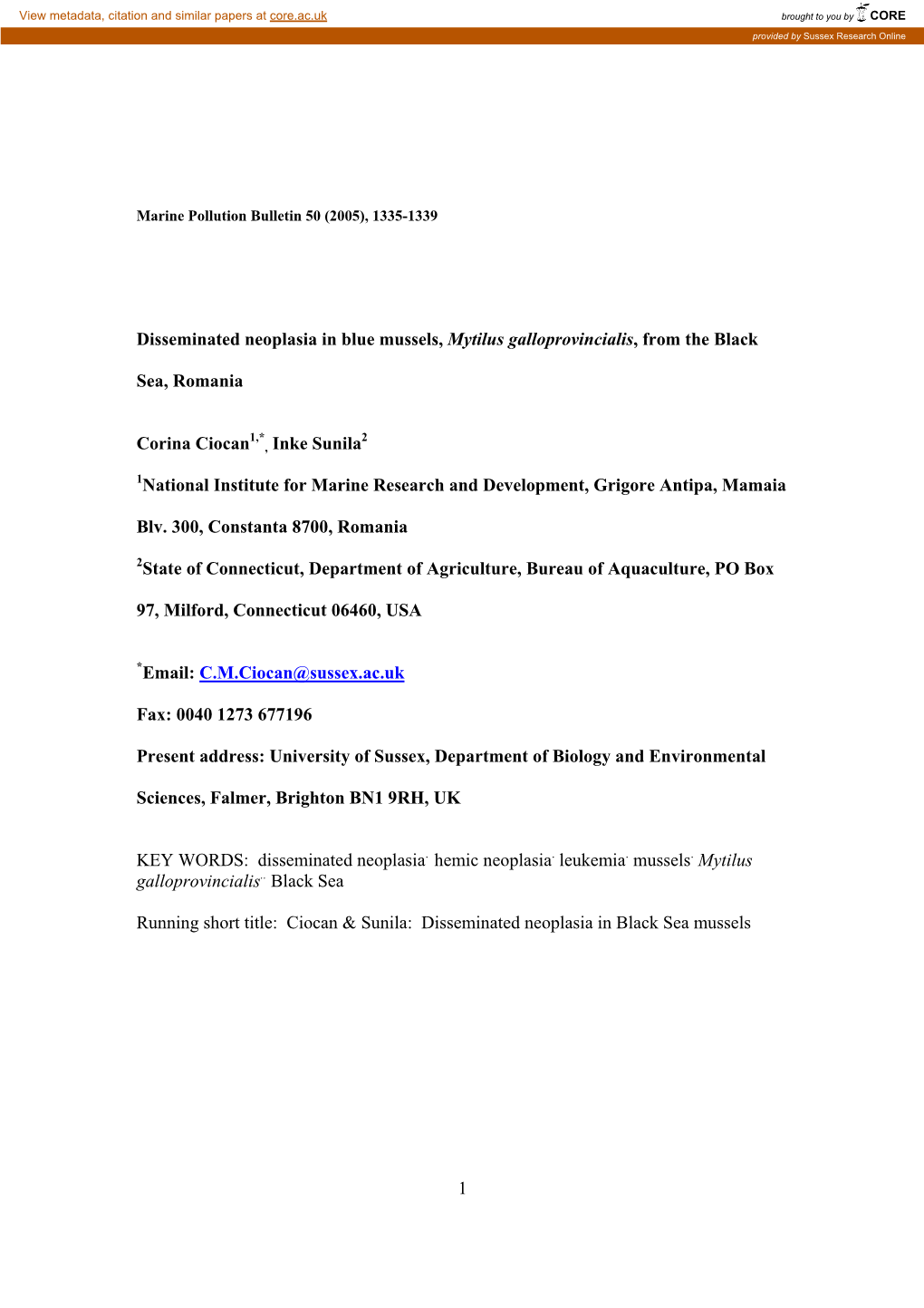 Disseminated Neoplasia in Blue Mussels Mytilus