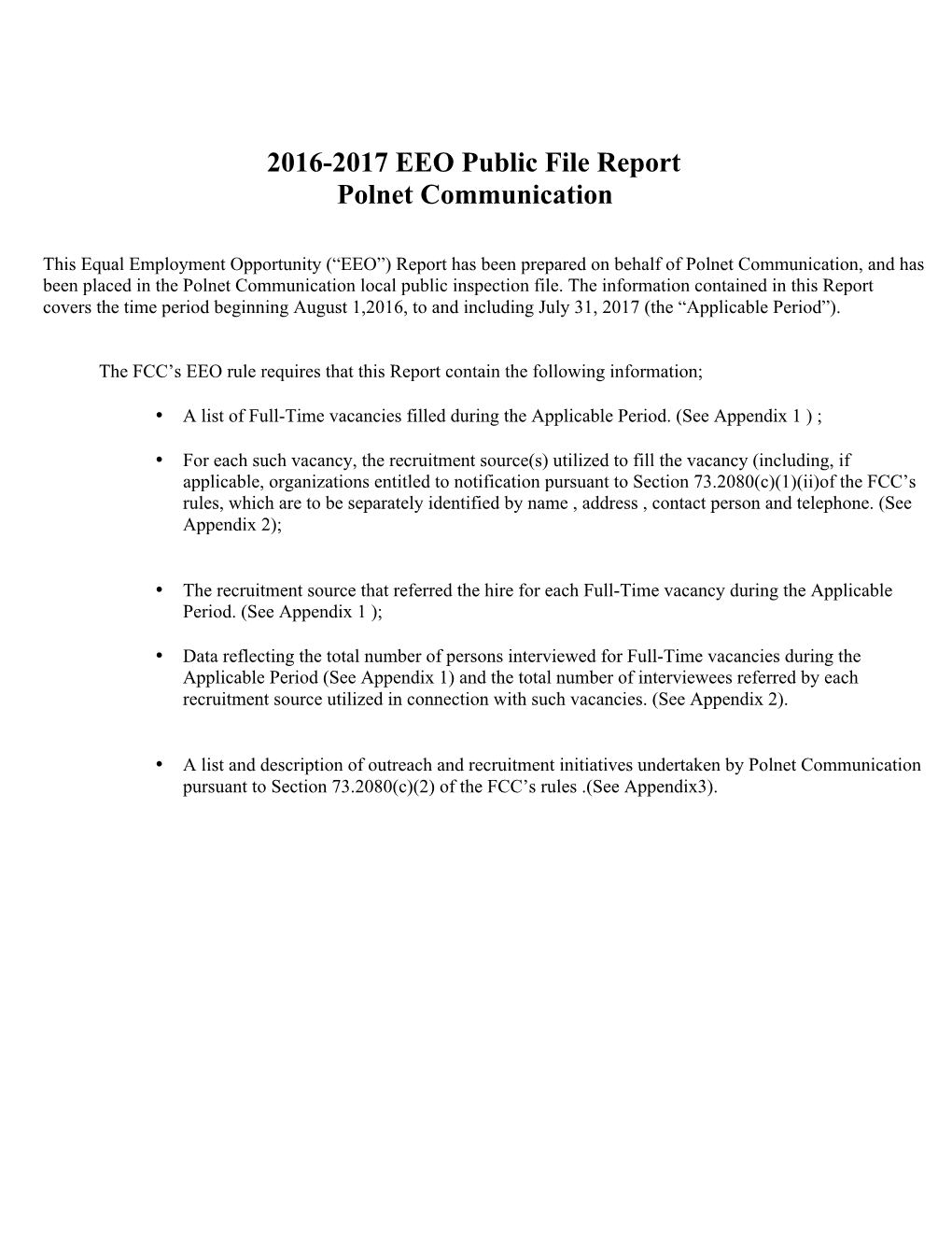 2016-2017 EEO Public File Report Polnet Communication