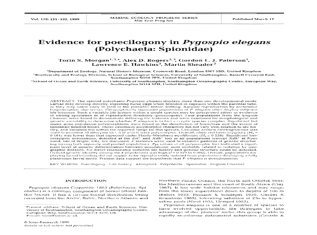 Evidence for Poecilogony in Pygospio Elegans (Polychaeta: Spionidae)