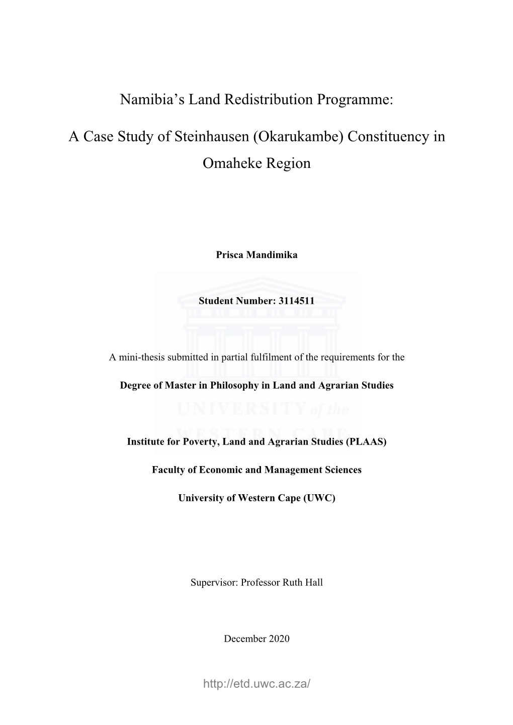 Namibia's Land Redistribution Programme: a Case Study Of