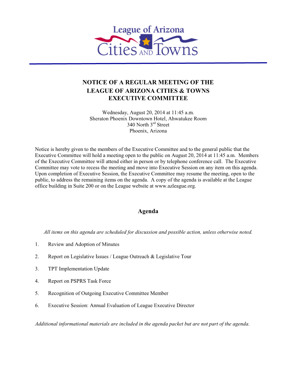 Notice of a Regular Meeting of the League of Arizona Cities & Towns Executive Committee