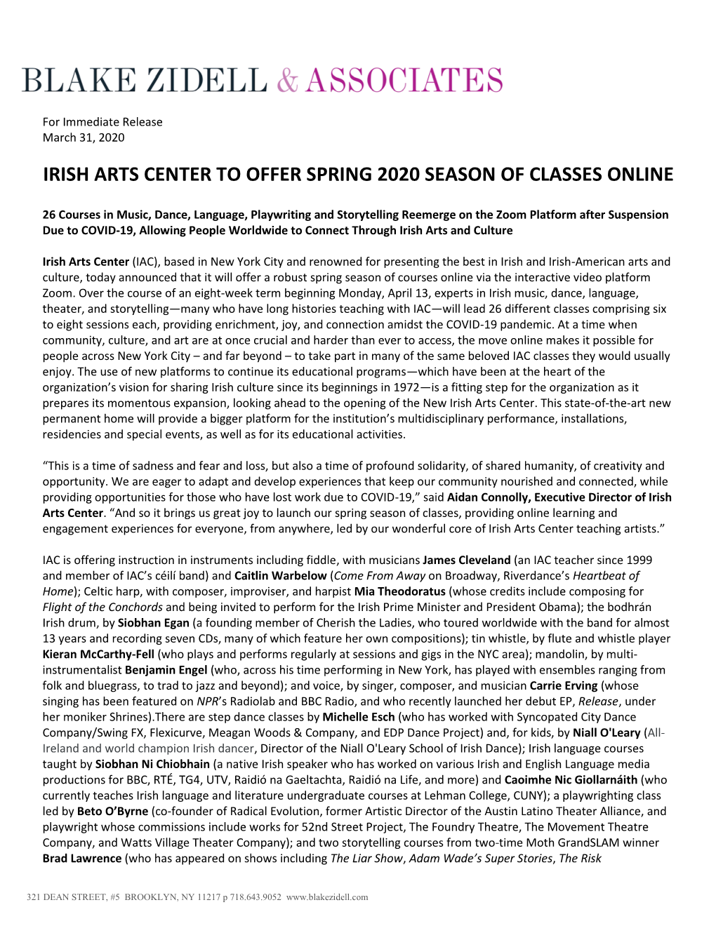 Irish Arts Center to Offer Spring 2020 Season of Classes Online
