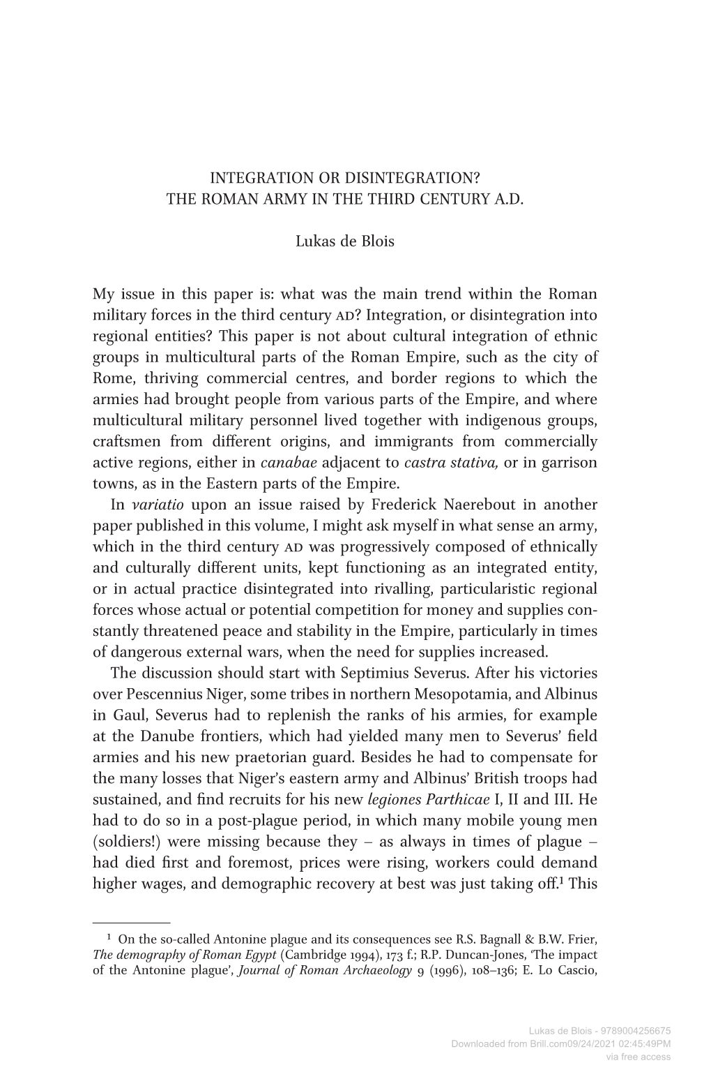 Integration Or Disintegration? the Roman Army in the Third Century A.D