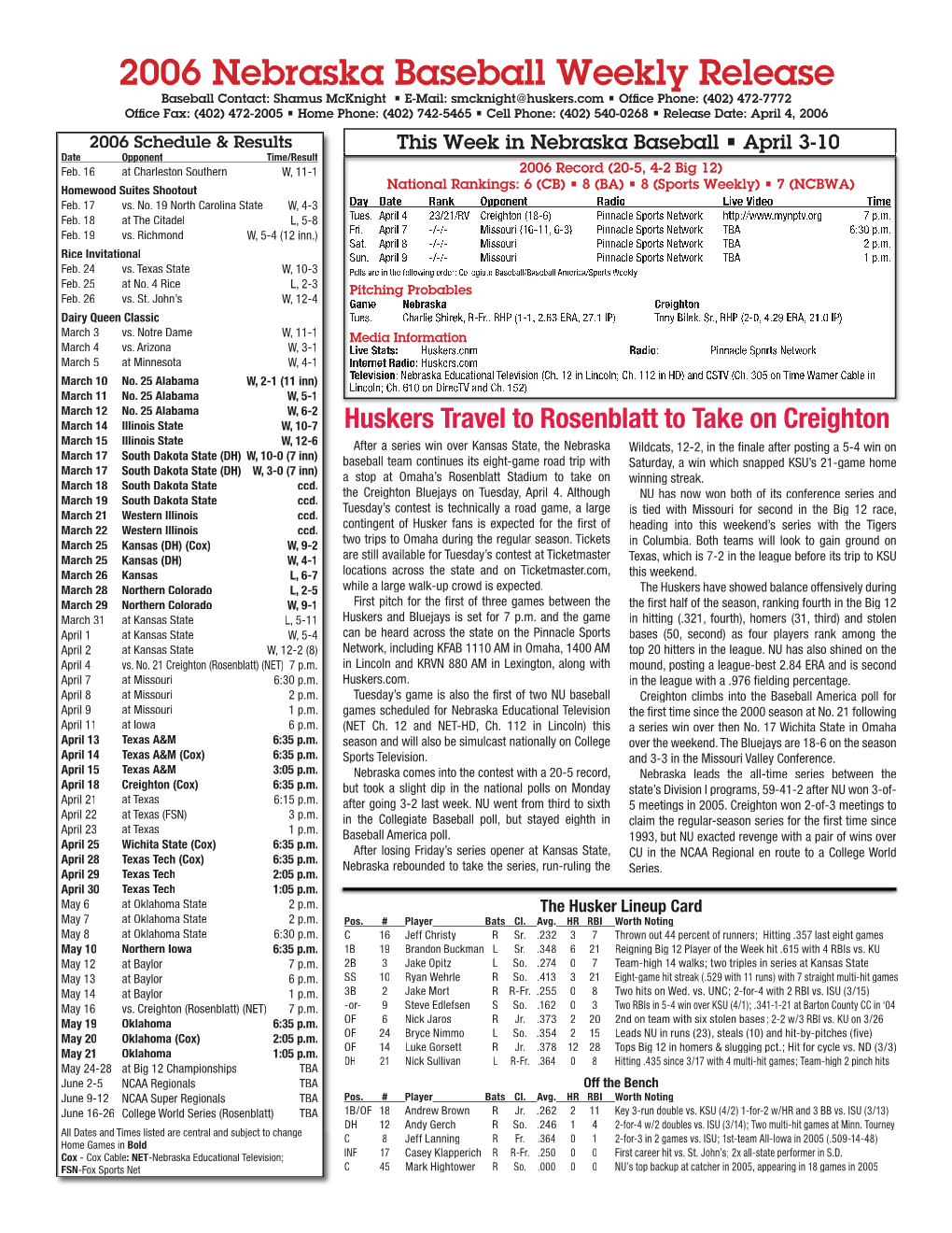 2006 Nebraska Baseball Weekly Release