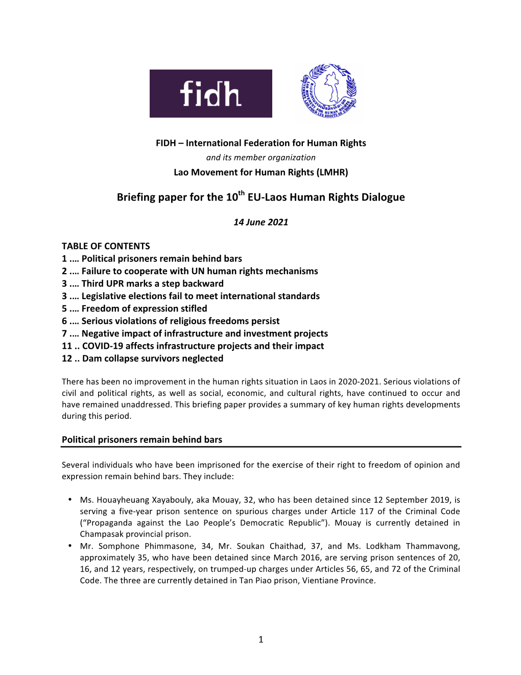 Briefing Paper for the 10Th EU-Laos Human Rights Dialogue