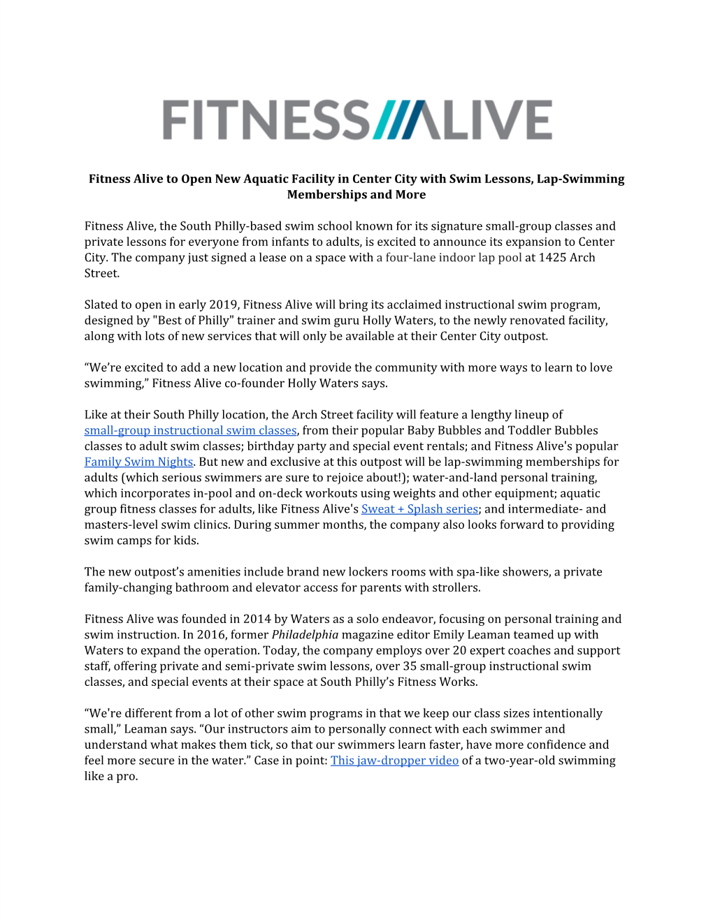 Fitness Alive to Open New Aquatic Facility in Center City with Swim Lessons, Lap-Swimming Memberships and More