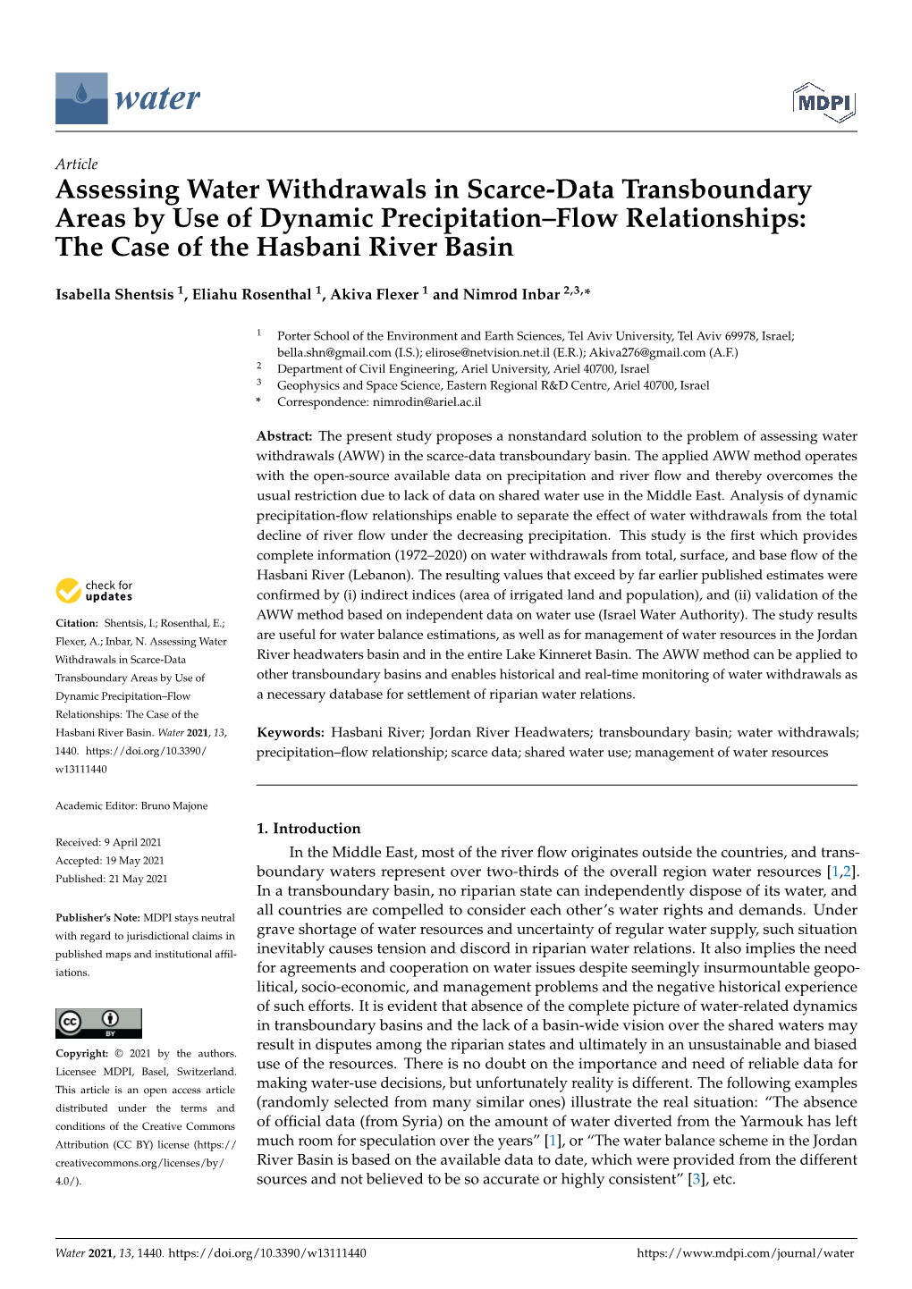 Assessing Water Withdrawals in Scarce-Data Transboundary Areas by Use of Dynamic Precipitation–Flow Relationships: the Case of the Hasbani River Basin