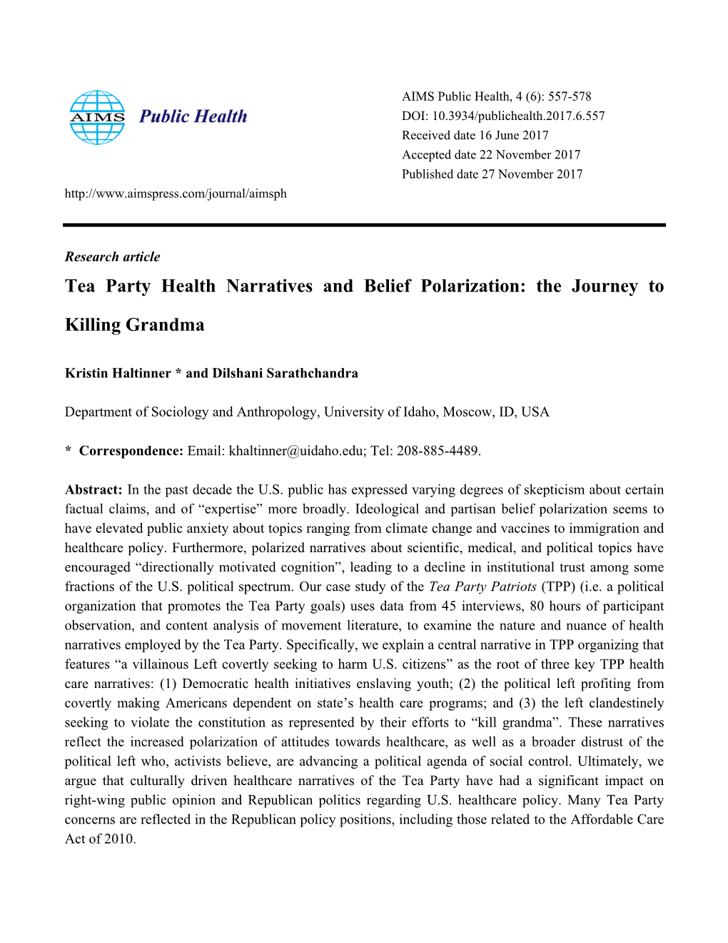 Tea Party Health Narratives and Belief Polarization: the Journey To