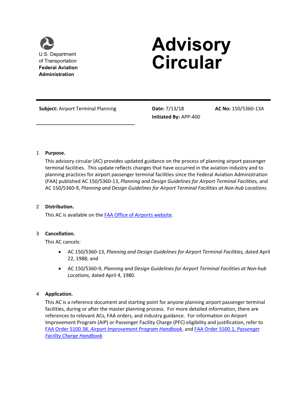 Advisory Circular 150/5360-13A, Airport Terminal Planning, 13 July