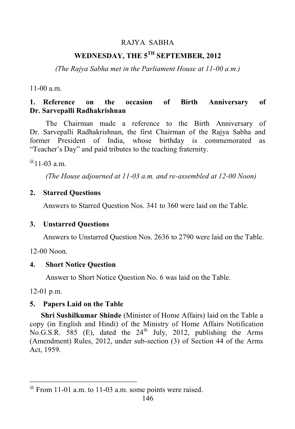 146 Rajya Sabha Wednesday, the 5Th September, 2012