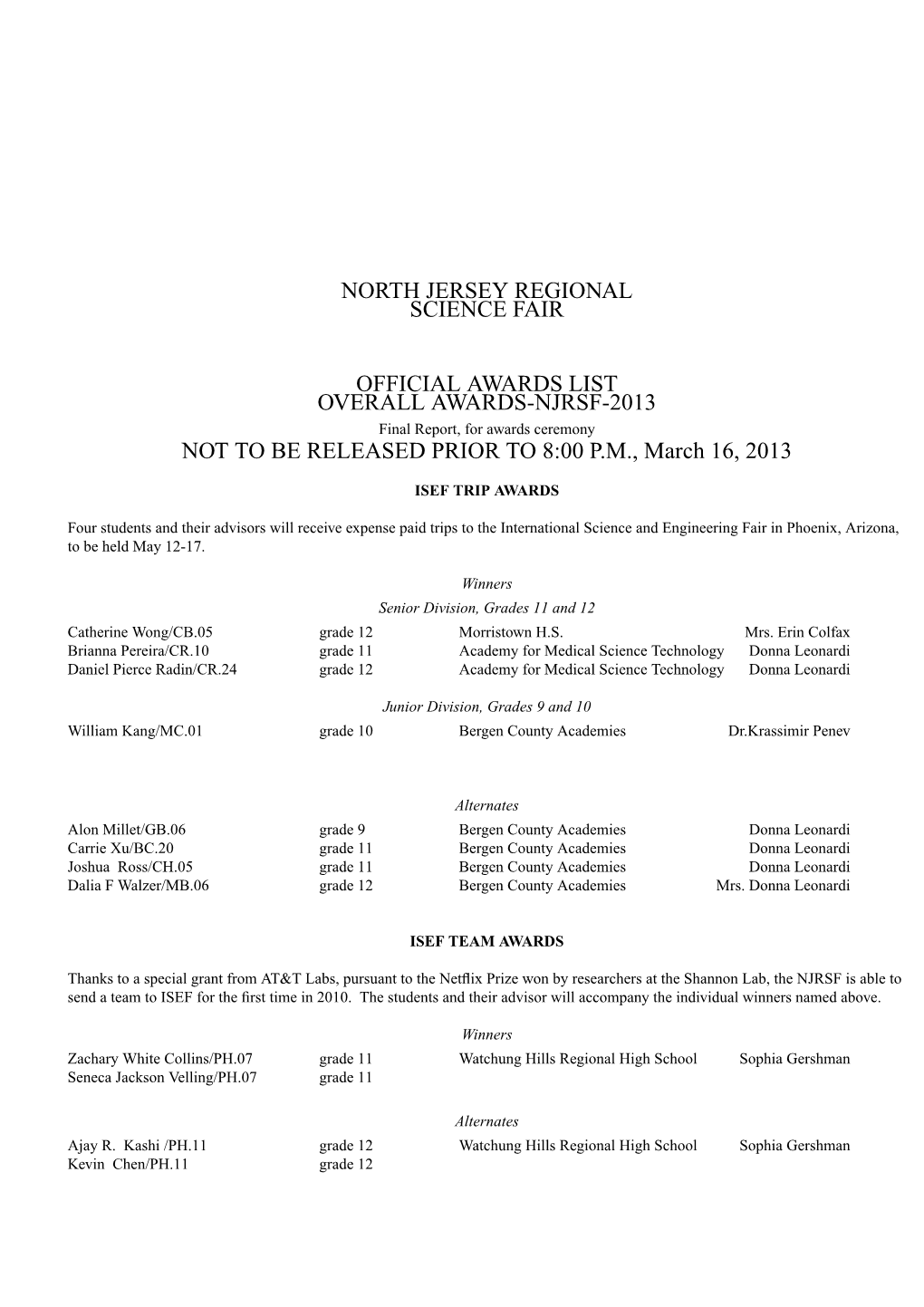 North Jersey Regional Science Fair Official Awards List Overall