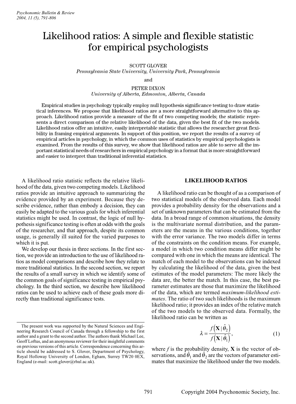 Likelihood Ratios: a Simple and Flexible Statistic for Empirical Psychologists