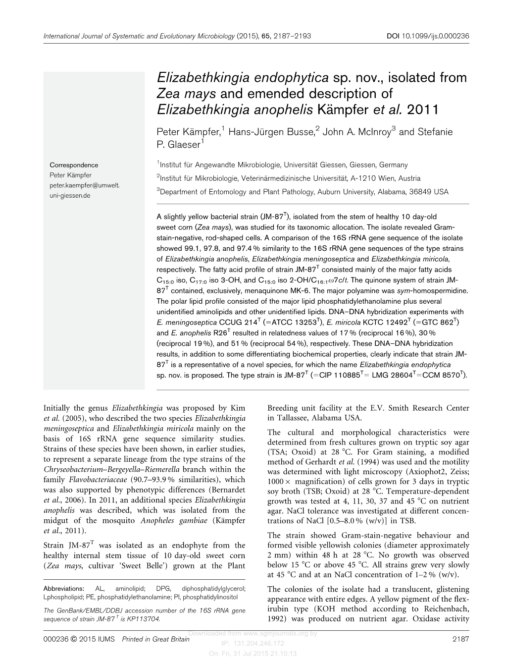 Elizabethkingia Endophytica Sp. Nov., Isolated from Zea Mays and Emended Description of Elizabethkingia Anophelis Ka¨Mpfer Et Al