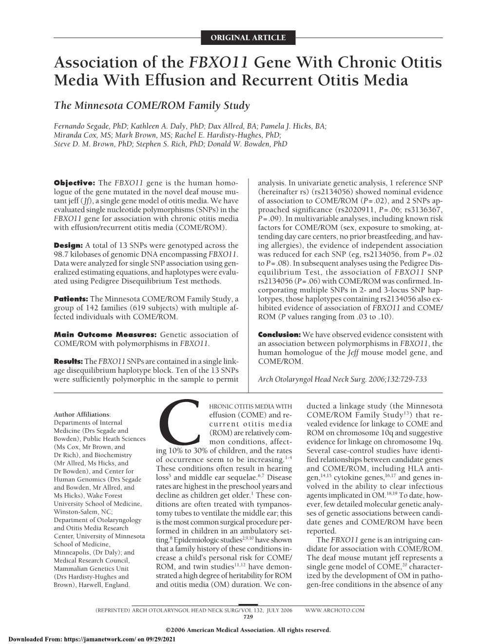 Association of the FBXO11 Gene with Chronic Otitis Media with Effusion and Recurrent Otitis Media the Minnesota COME/ROM Family Study