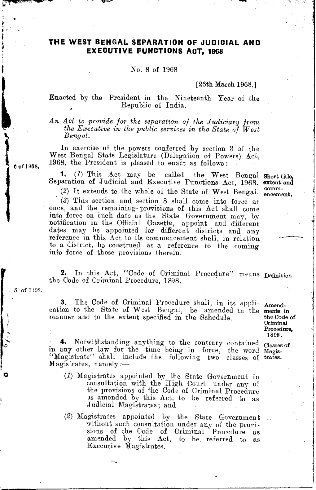 The West Bengal Separation of Judicial and Executive Functions Act, 1968