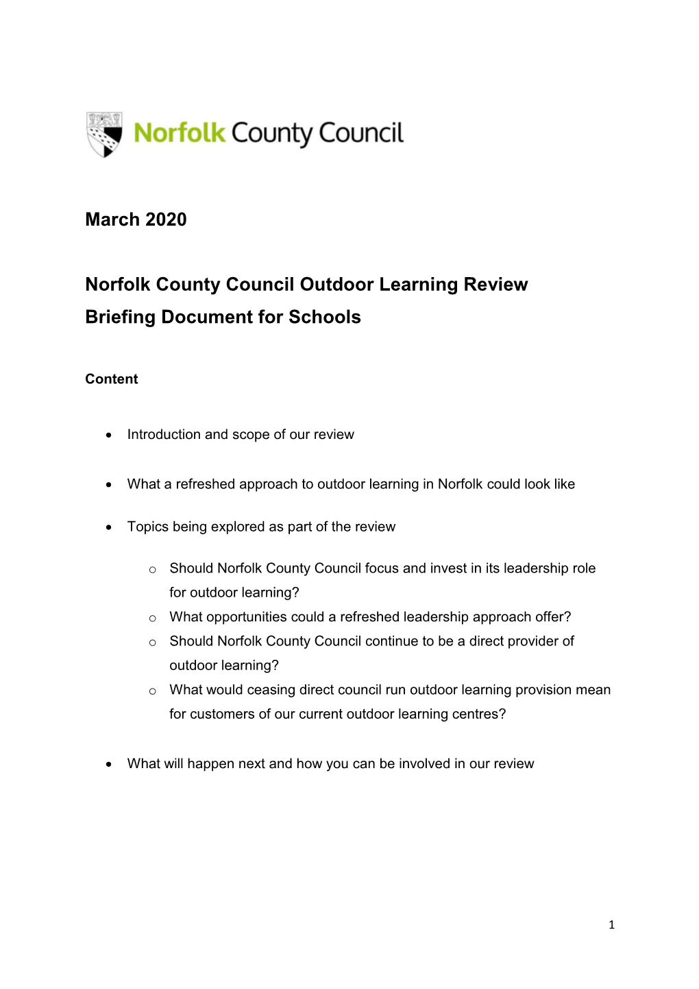 March 2020 Norfolk County Council Outdoor Learning Review Briefing