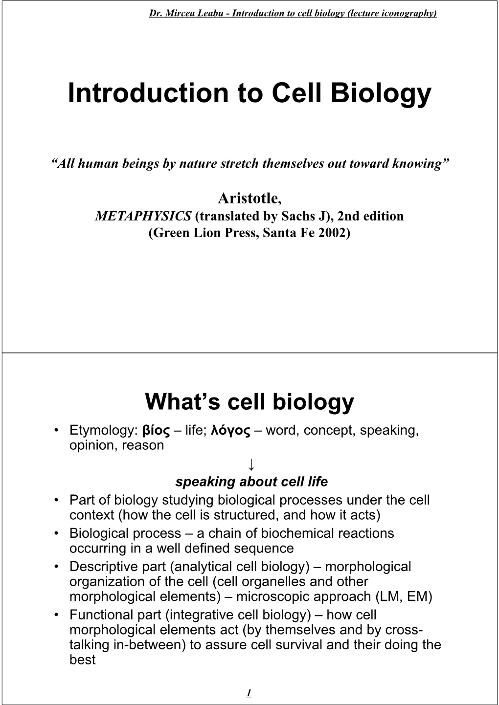 Introduction to Cell Biology (Lecture Iconography)